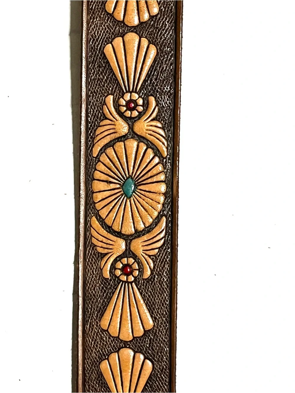 Sears Brown Vintage 70s Tooled Leather Belt with Turquoise Accent - Picture 6 of 8